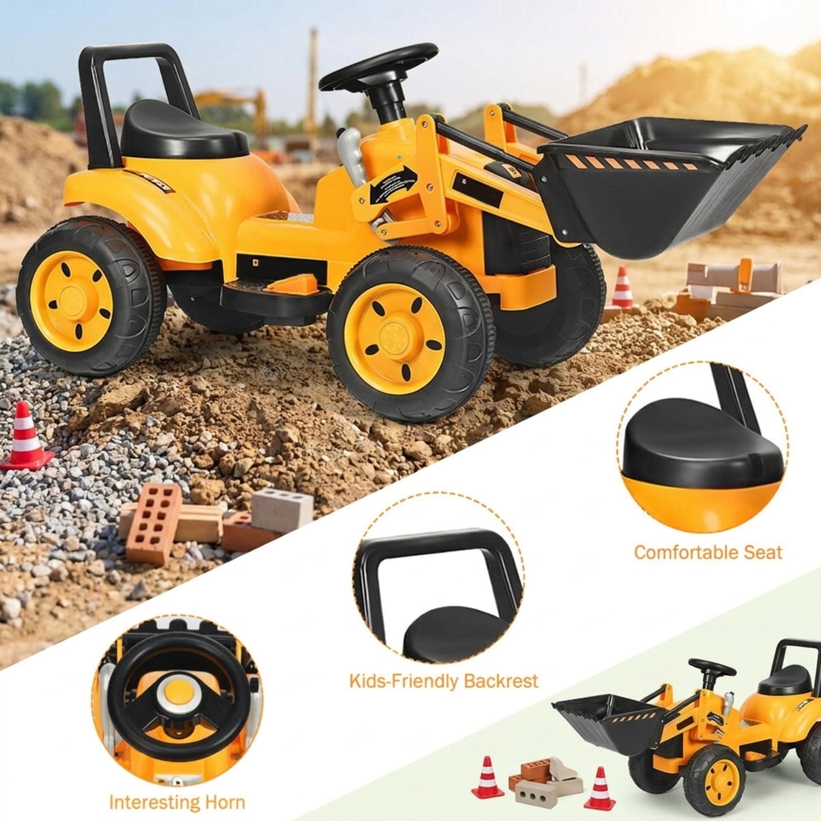 Redsmile 6V Kids Ride On Excavator Digger with Working Bucket, Lifting Arms, Horn, Battery Powered Tractor Construction Toy with Wide Seat, Yellow Black