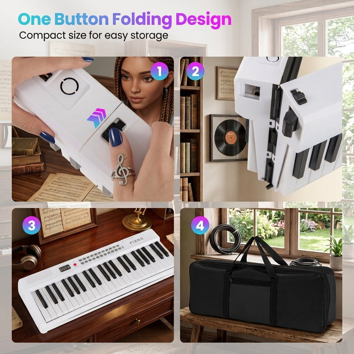 Redsmile 88-Key Foldable Electric Keyboard Piano with Wireless MIDI, Dual Speakers and Semi-Weighted Keys, Portable Digital Piano for Beginners, White