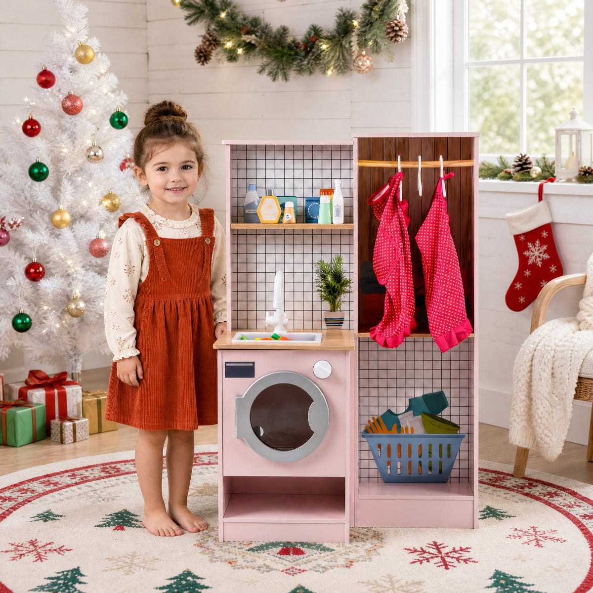 Redsmile Dual-Sided Kids Play Kitchen Set for Toddlers 3+ Years, Pretend Play Kitchen with Luminous Range Hood, Water Dispenser, Interactive Stove and Cooking Utensils, Christmas Gift, Pink
