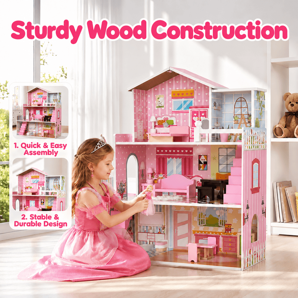 Redsmile Wooden Dollhouse for kids, 3-Story Pretend Play Doll House with 17 Furniture and Accessories, DIY Princess Playhouse, Creative Gift for Girls