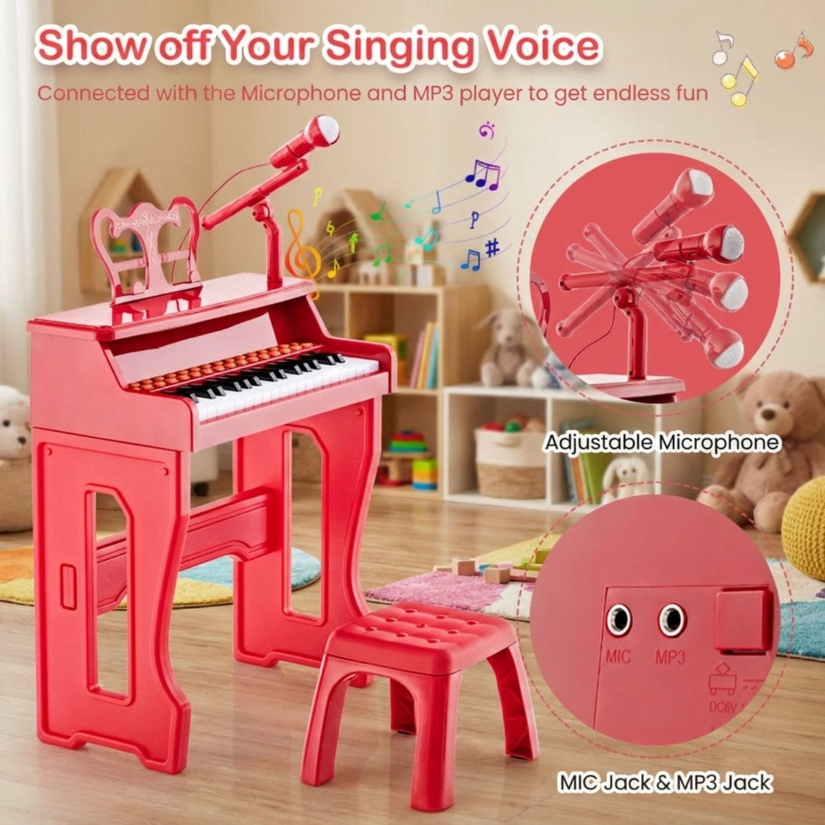Redsmile 37-Key Kids Piano Keyboard with Microphone and Stool for Toddlers and Beginners Ages 3 and Up, Red
