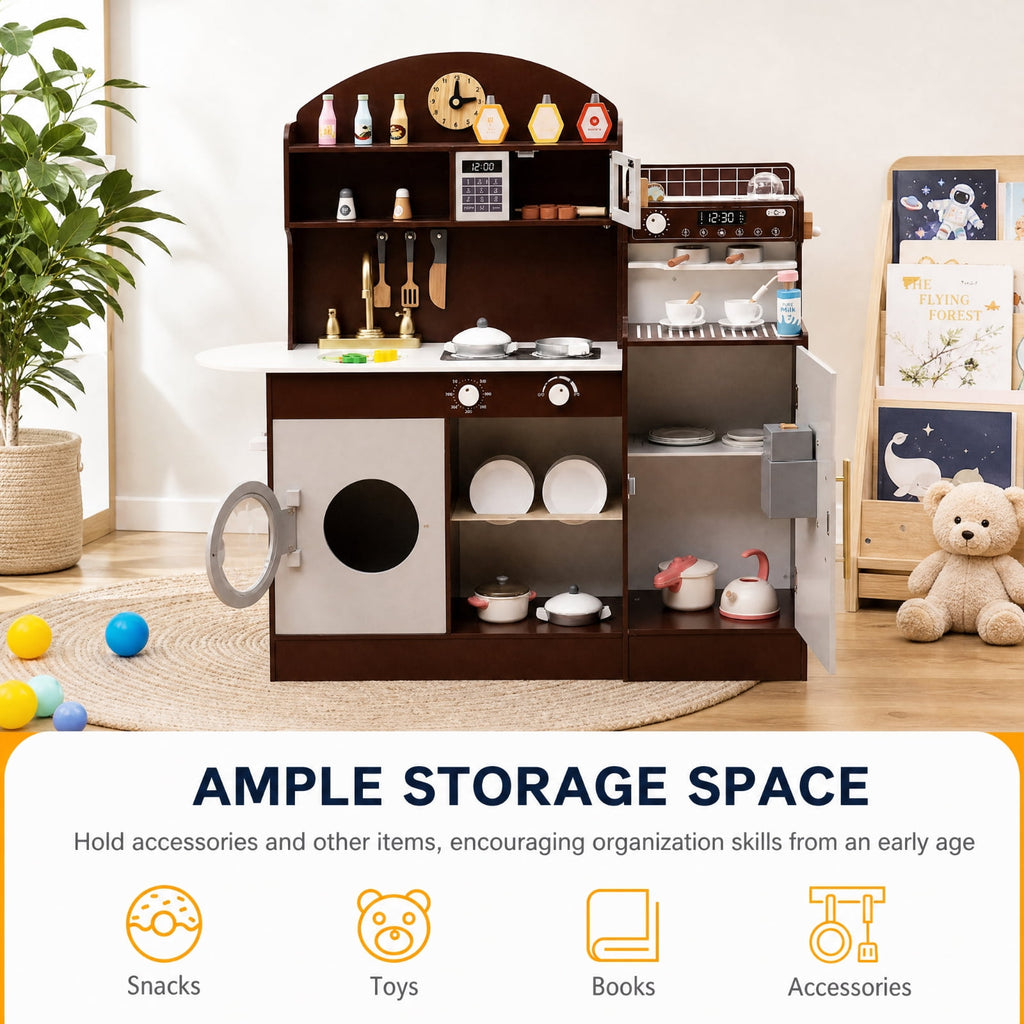Redsmile Wooden Kids Kitchen Set for Toddlers 3+ Years, Pretend Play Kitchen with Coffee Maker, Ice Maker and 27 Accessories, Toddler Kitchen Playset with Ample Storage, Christmas Gift, Coffee
