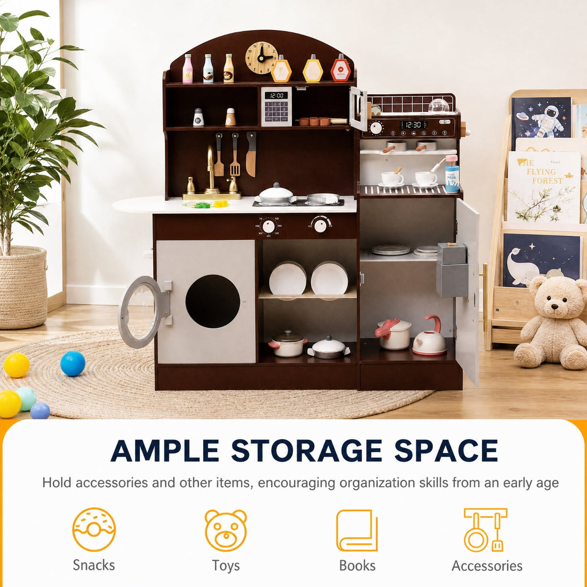 Redsmile Wooden Kids Kitchen Set for Toddlers 3+ Years, Pretend Play Kitchen with Coffee Maker, Ice Maker and 27 Accessories, Toddler Kitchen Playset with Ample Storage, Christmas Gift, Coffee