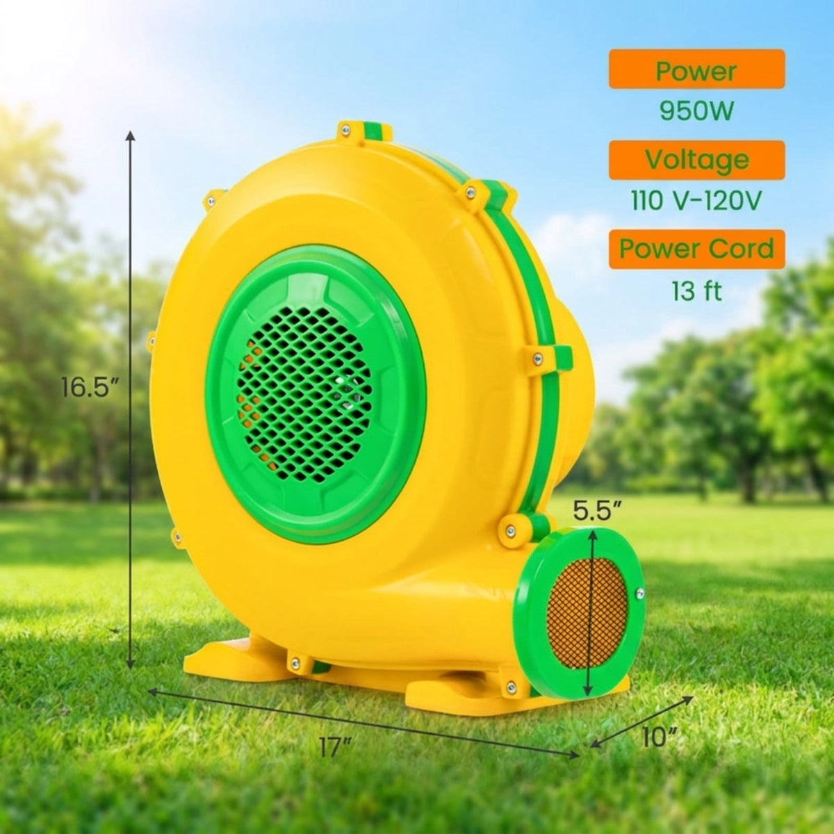 Redsmile 950W Air Blower Pump Fan with Handle and Ground Stakes, High-Performance Inflatable Blower for Bounce House and Holiday Inflatables, Portable Air Pump, Yellow