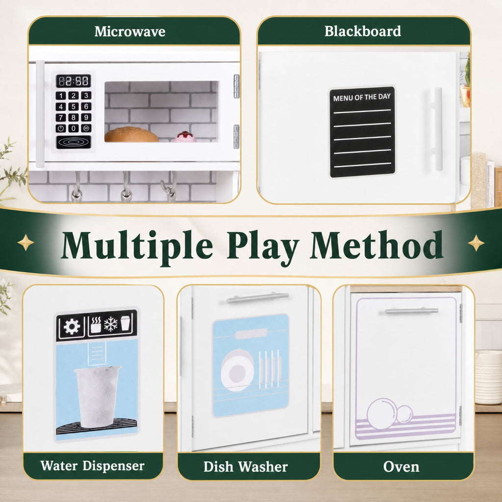 Redsmile Toddler Pretend Play Kitchen Set for Boys and Girls 3+ Years, Kids Kitchen Playset with Removable Sink, Stove, Microwave, Oven, Water Dispenser, Blackboard and Cookware, Gift, White