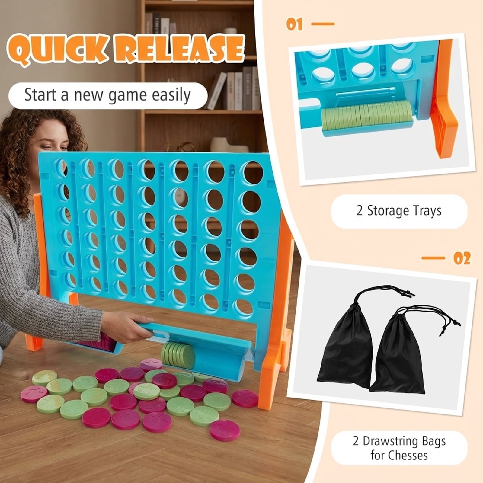 Redsmile Jumbo 4-to-Score Connect Game Set with Carrying Bag and 42 Coins Orange - Portable Outdoor Indoor Game for Birthday Party BBQ Camping Family Fun