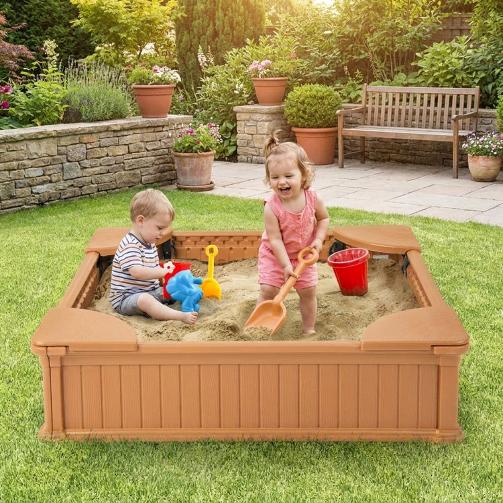 Redsmile Kids Sandbox for Backyard, 48 Inch Outdoor Sandbox with Cover and 4 Corner Seats, Weatherproof Sand Play Box, Brown