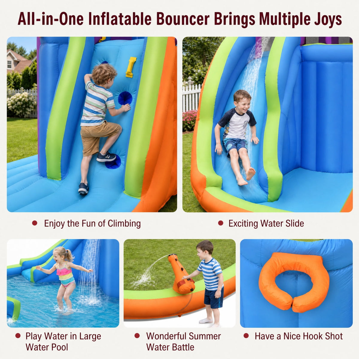 Redsmile 6-in-1 Inflatable Dual Water Slide Bounce House, Backyard Water Slide with 4 Sprayers, 2 Water Guns and Basketball Hoop for Kids Ages 3-10, ASTM Outdoor Fun (Without Blower)