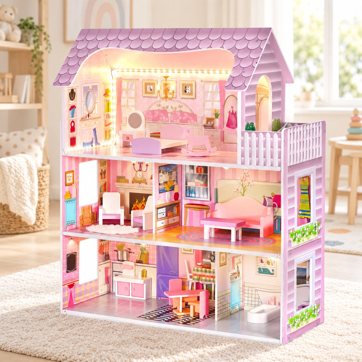 Redsmile Wooden Dollhouse with warm LED Lights, 3-Story Pretend Play Doll House with 16 Furniture and Accessories, DIY Princess Playhouse, Creative Gift for Girls