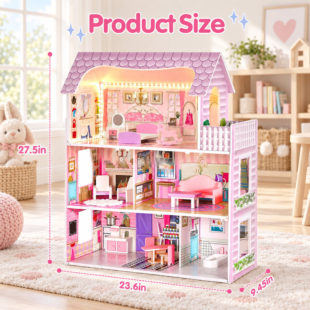 Redsmile Wooden Dollhouse with warm LED Lights, 3-Story Pretend Play Doll House with 16 Furniture and Accessories, DIY Princess Playhouse, Creative Gift for Girls