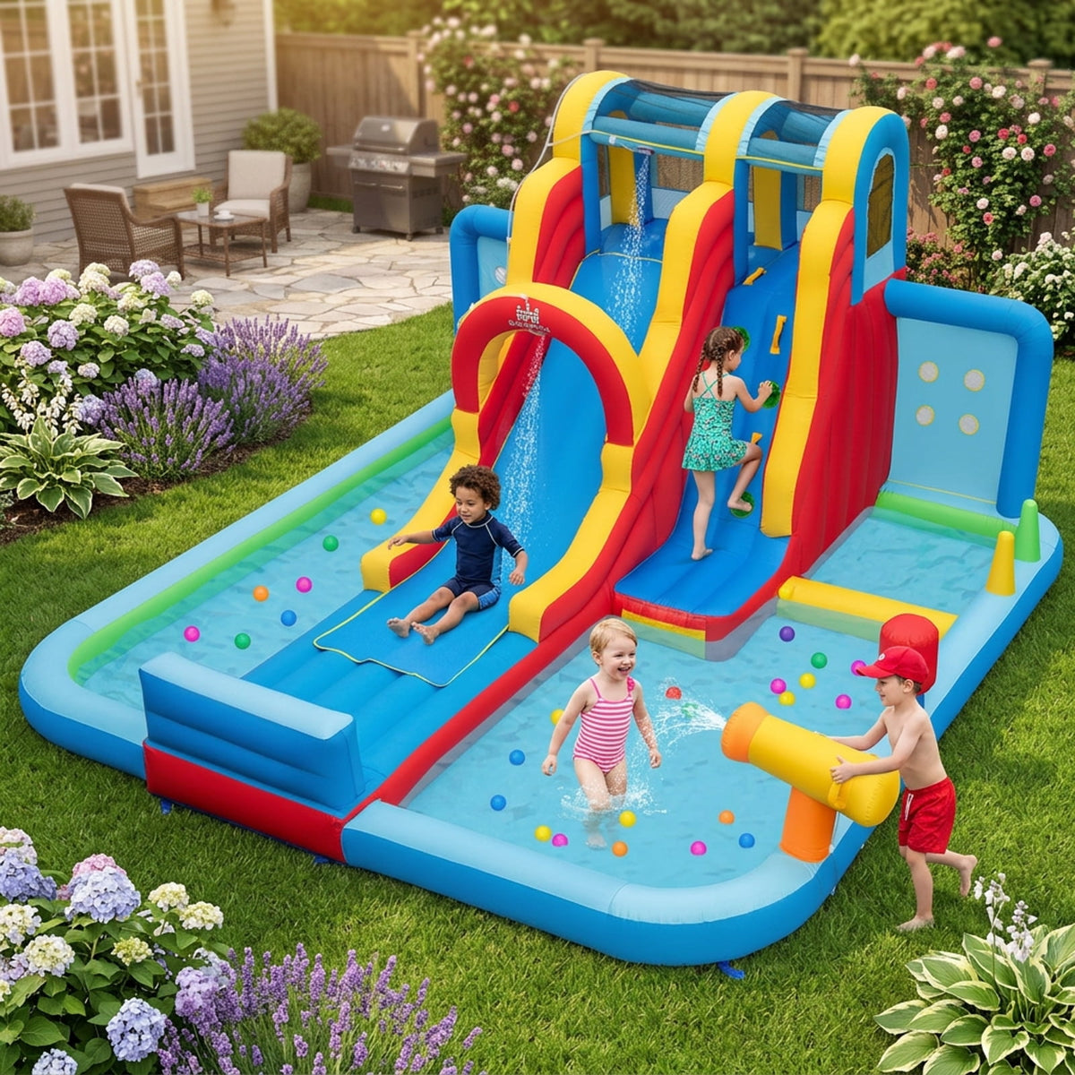 Redsmile Inflatable Water Slide Water Park with Long Slide, Splash Pools and Ball Pit, Backyard Water Slide Bounce House for Kids Ages 3+, 900D Oxford Outdoor Fun (Without Blower)