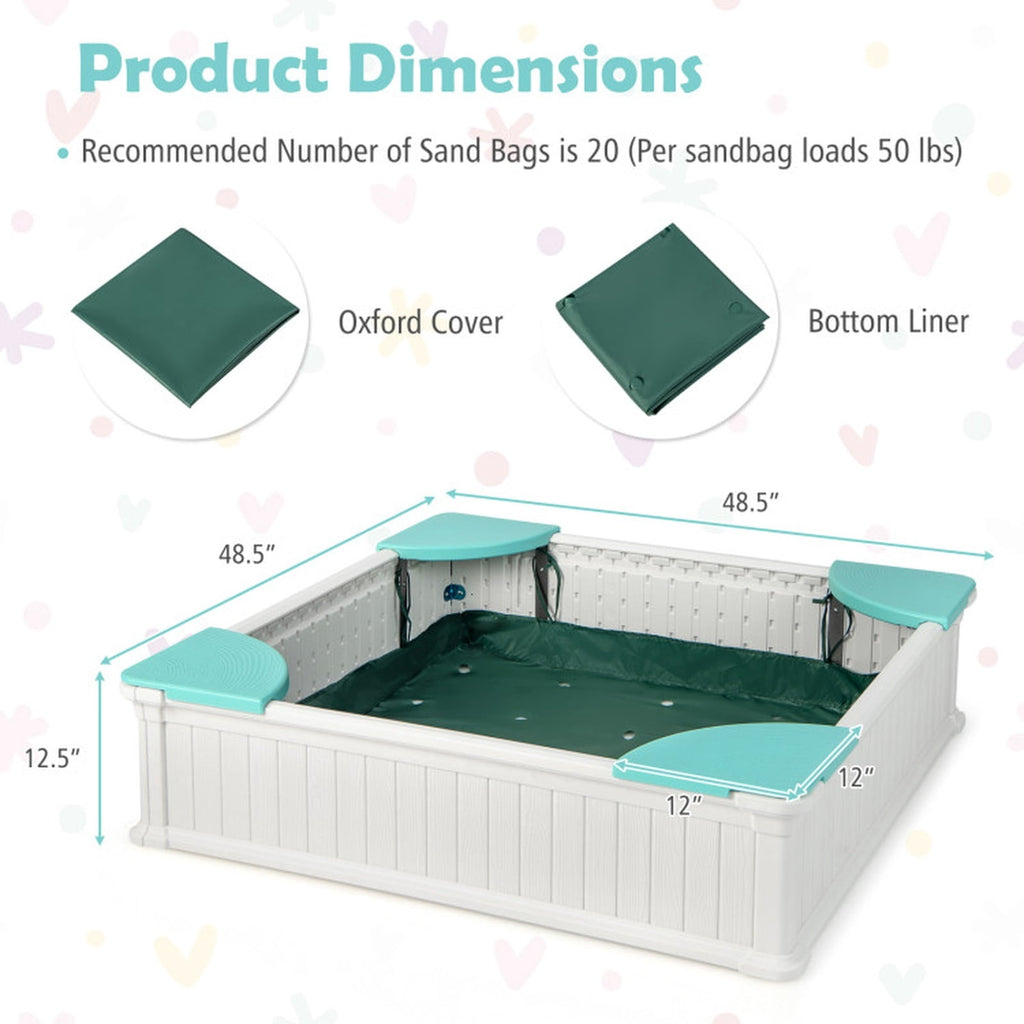 Redsmile Kids Sandbox for Backyard, 48 Inch Outdoor Sandbox with Cover and 4 Corner Seats, Weatherproof Sand Play Box, White