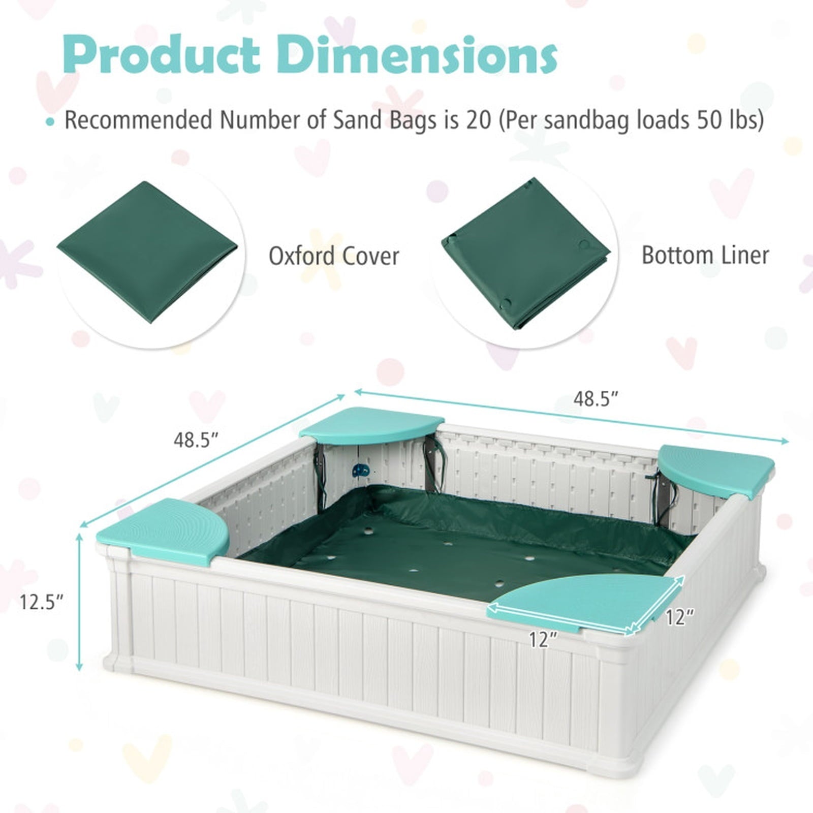 Redsmile Kids Sandbox for Backyard, 48 Inch Outdoor Sandbox with Cover and 4 Corner Seats, Weatherproof Sand Play Box, White