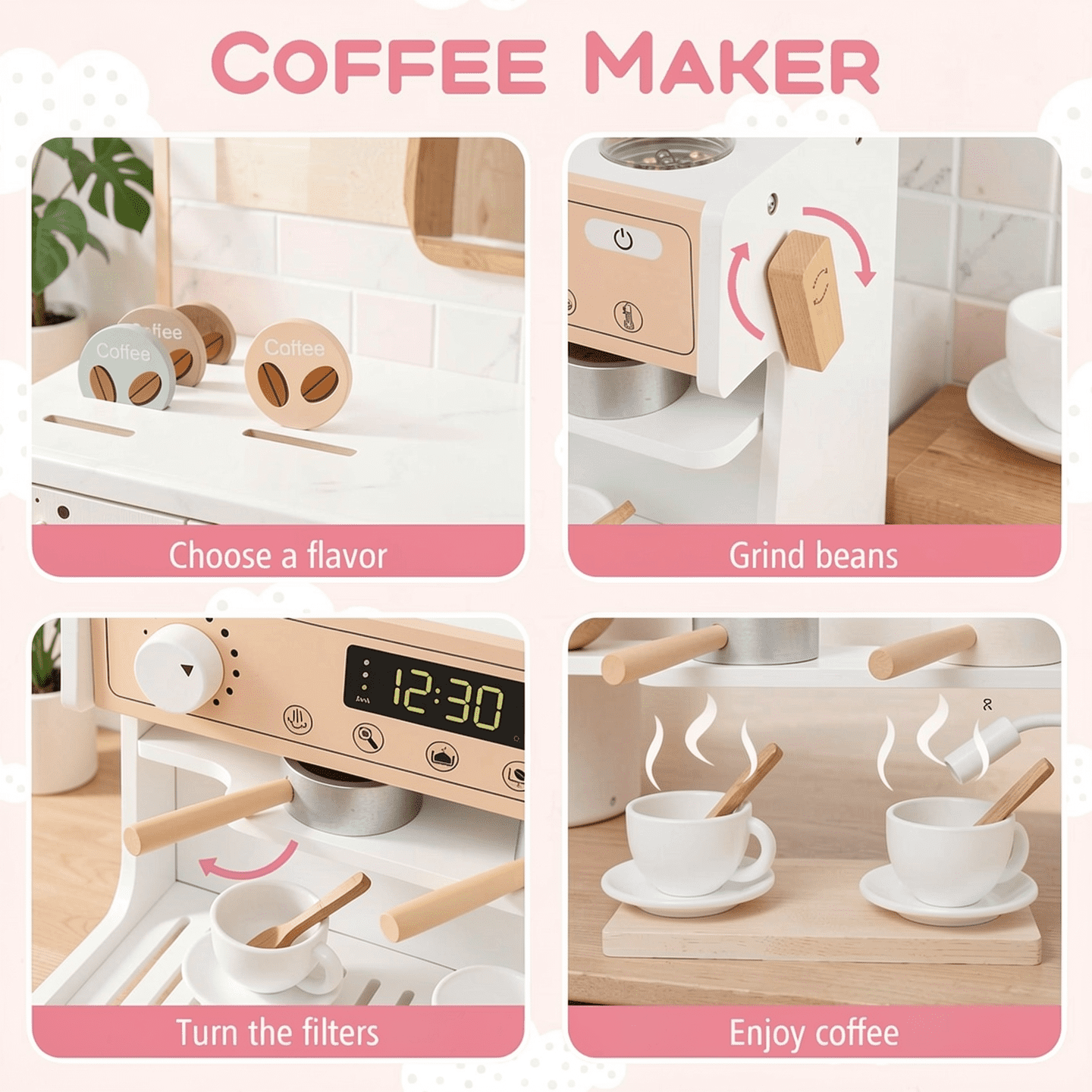 Redsmile Play Kitchen,Wooden Kids Kitchen Playset with Coffee Maker and Accessories,Pretend Play Toy with Realistic Lights and Sounds,Gift for Girls Boys Ages 3-10,White