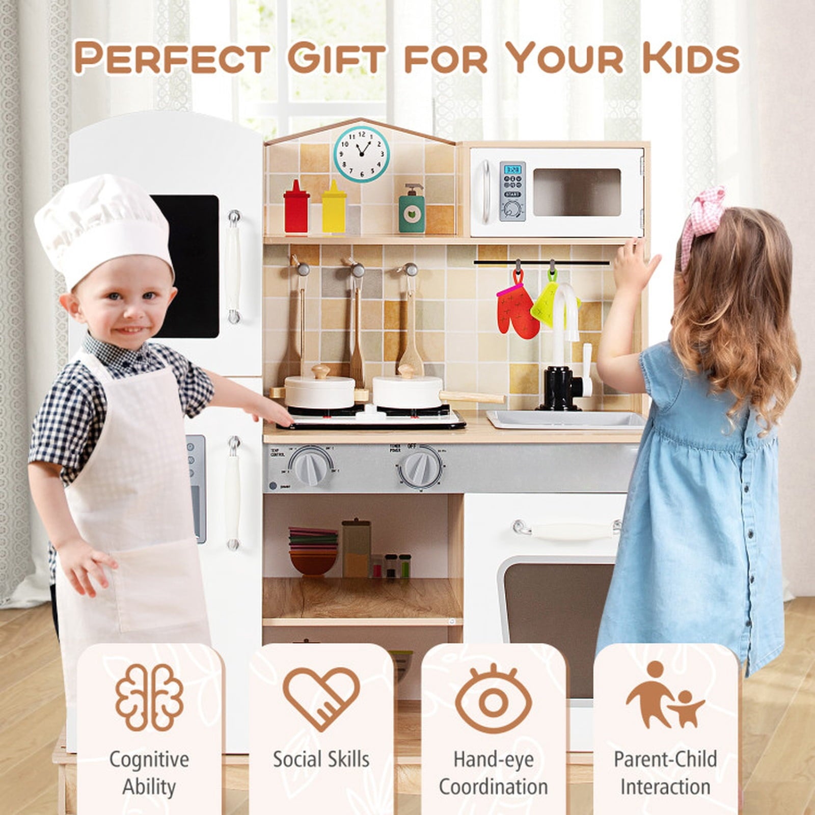 Redsmile Play Kitchen,Wooden Kids Kitchen Playset with Ice Maker,Oven,Realistic Lights and Sounds,Pretend Play Toy Kitchen,Gift for Girls Boys Ages 3-10,White