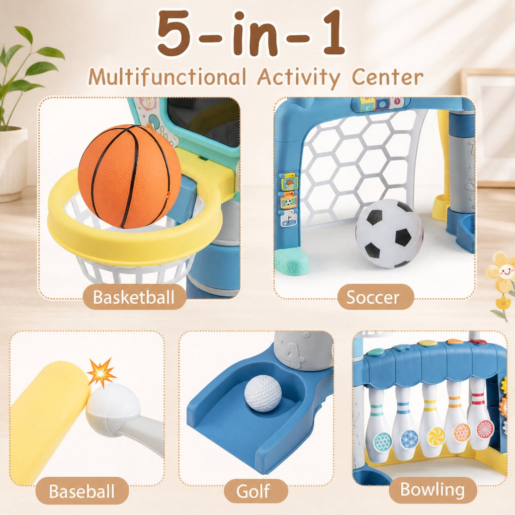 Redsmile 5-in-1 Toddler Sports Toy with Adjustable Basketball Hoop, Baby Sports Center with Soccer Golf Baseball Bowling for Baby Boys Girls 18 Months+, Lights Music, Multicolor