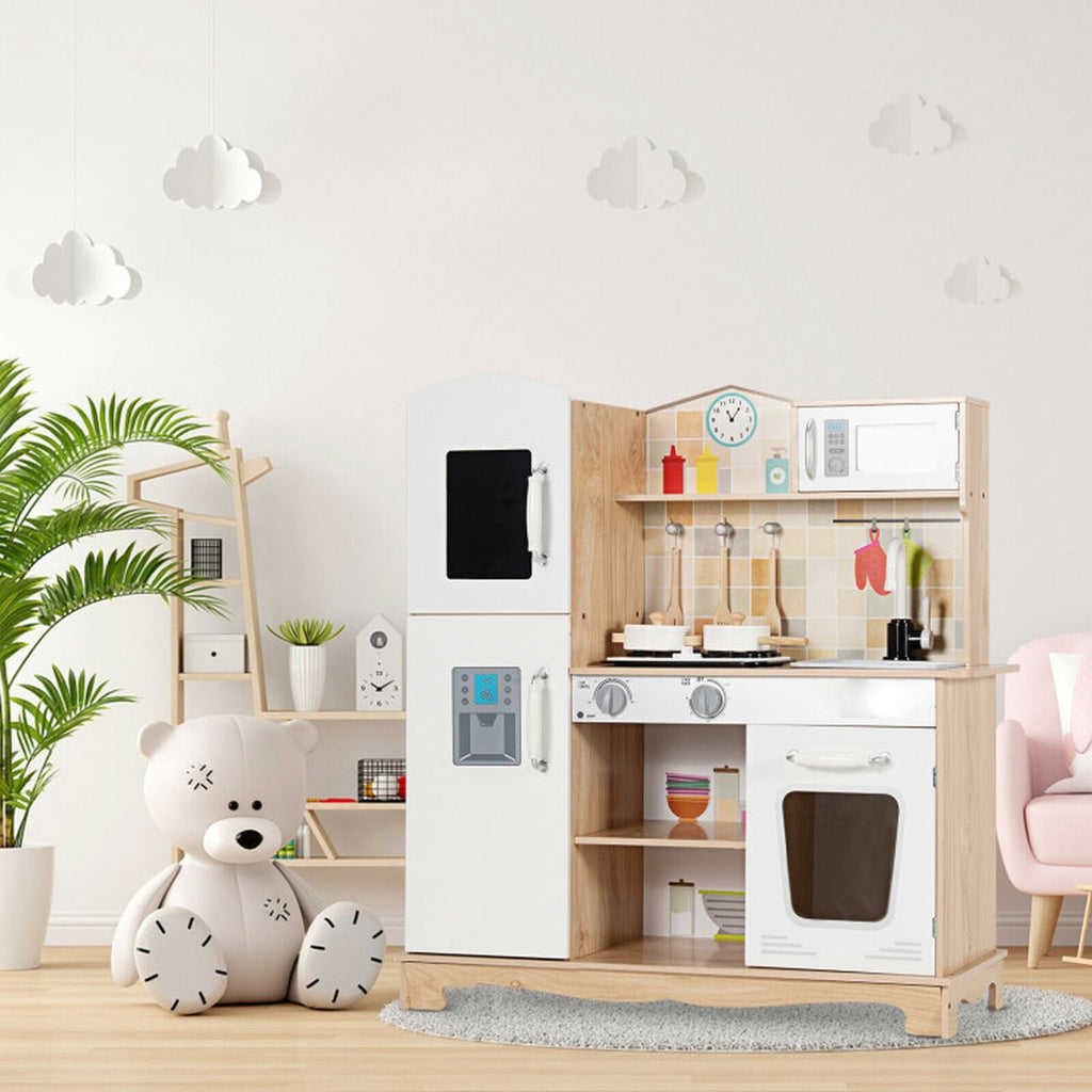 Redsmile Play Kitchen,Wooden Kids Kitchen Playset with Ice Maker,Oven,Realistic Lights and Sounds,Pretend Play Toy Kitchen,Gift for Girls Boys Ages 3-10,White