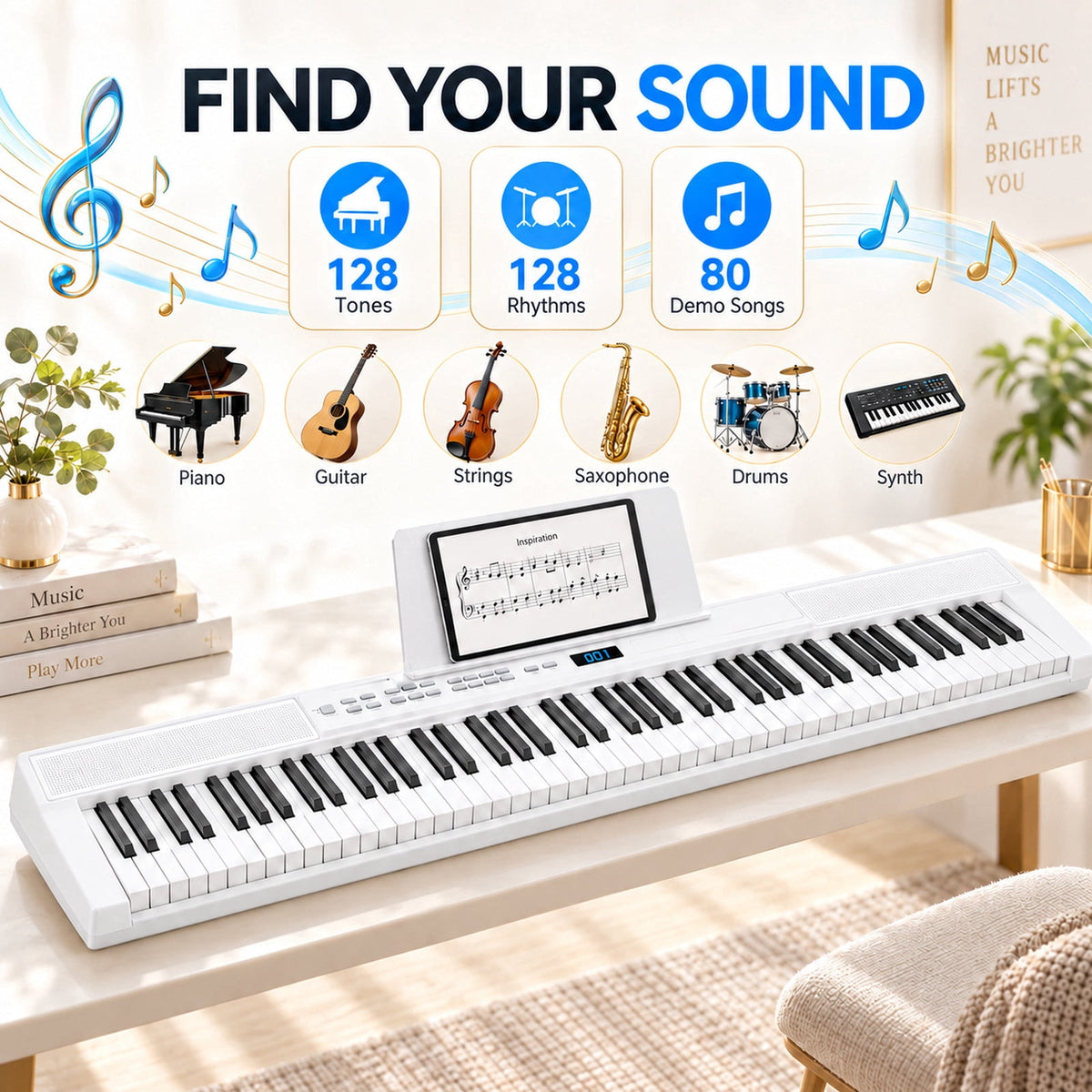 Redsmile Piano Keyboard 88 Keys Digital Piano with 128 Tones, Stand and Pedal, White