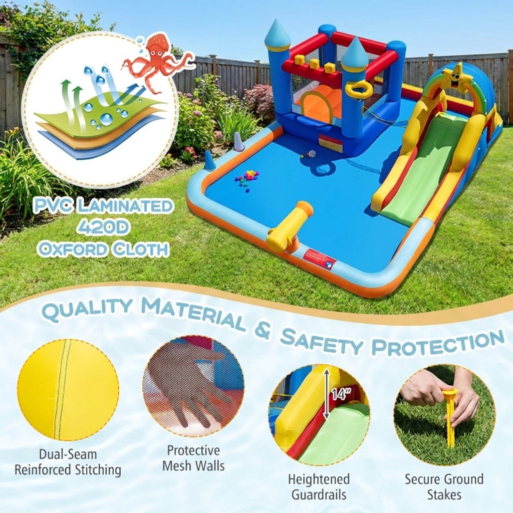 Redsmile Inflatable Water Slide Park Bouncy Castle with Climbing Wall, Backyard Water Slide with Splash Pool, Water Cannon and Basketball Rim for Kids Ages 3-12, with Blower