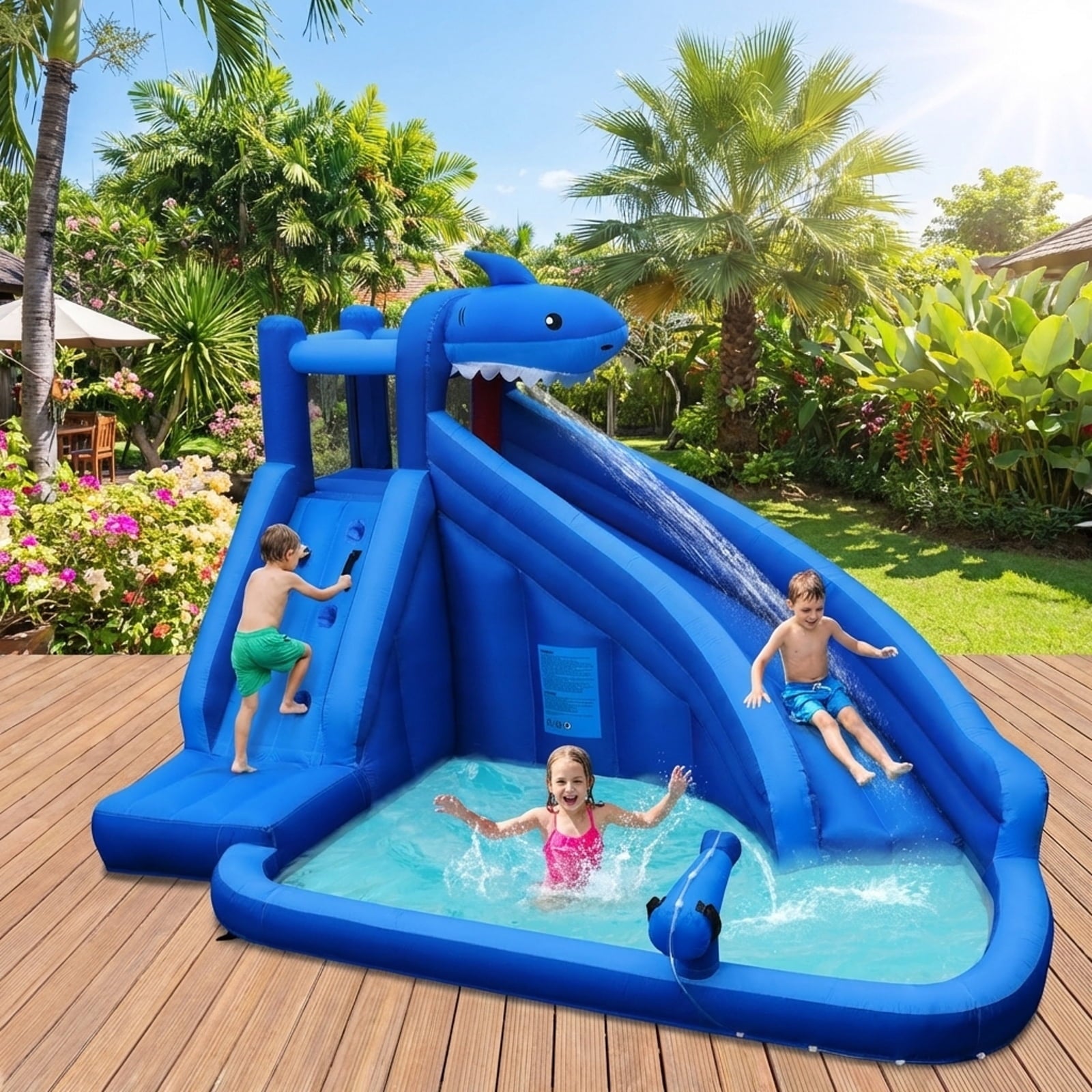 Redsmile 4-in-1 Inflatable Water Slide Park with Splash Pool Climbing Wall Water Cannon for Kids Aged 4-12 Outdoor Backyard Water Play - Multicolor