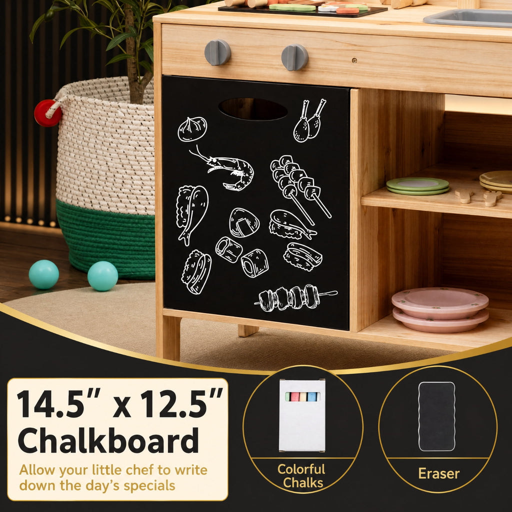 Redsmile Wooden BBQ Grill Playset for Kids with Chalkboard Sink and Cabinet, Pretend Play Barbecue Kitchen Set with 25 Accessories Grilling Tools and Play Food, Toddler Playset, Natural