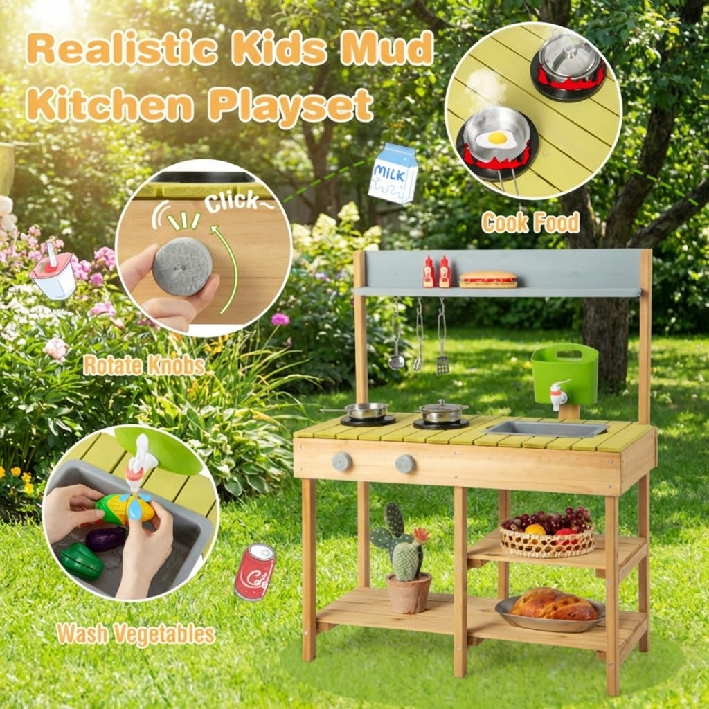 Redsmile Play Kitchen,Wooden Kids Kitchen Playset with Stove Top,Pretend Play Toy Kitchen Gift for Girls Boys Ages 3-10,Multicolor