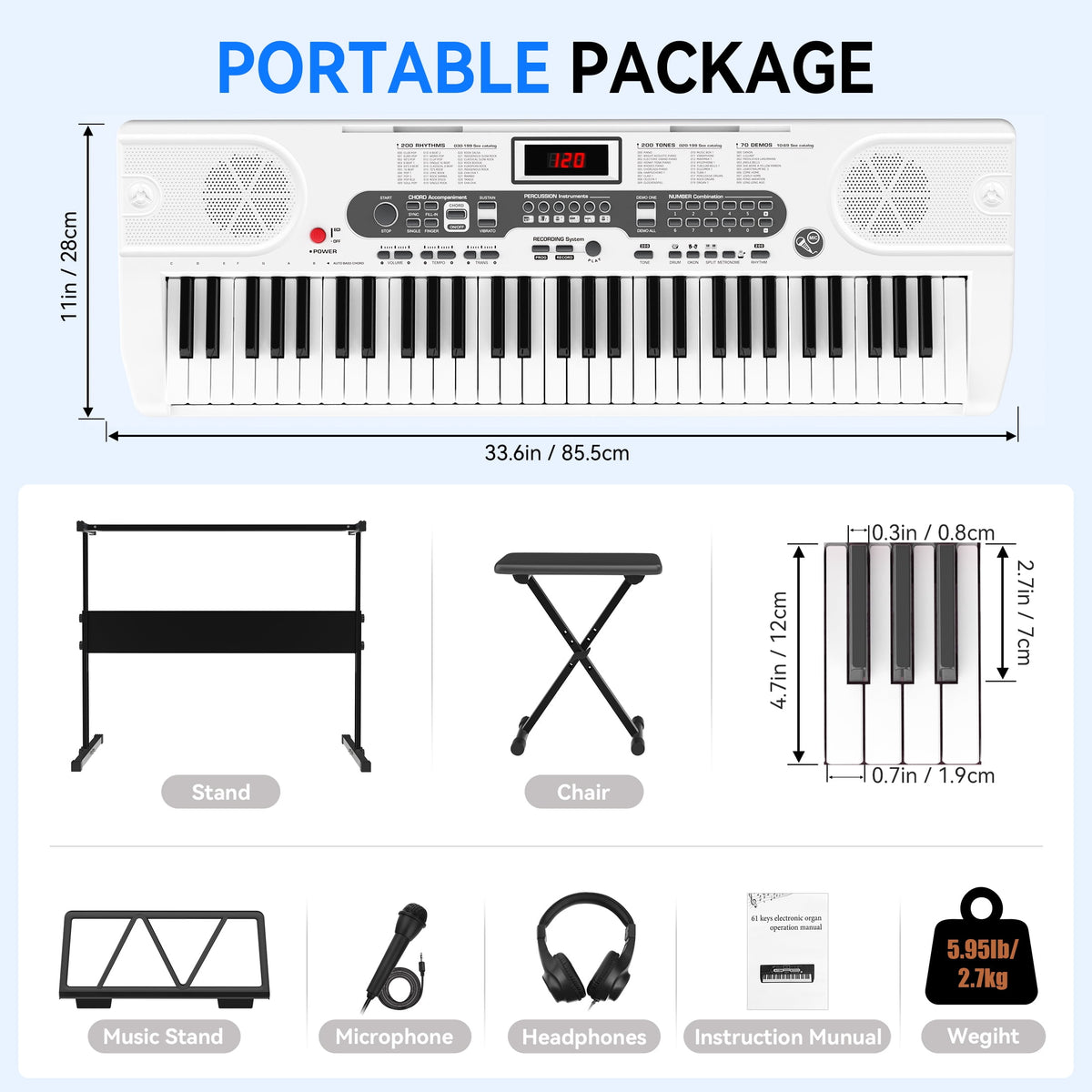 Redsmile 61-Key Piano Keyboard with Lighted Keys, Stand, Bench, Microphone, Headphone, Electronic Keyboard Piano Set, White