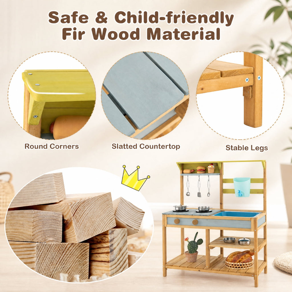 Redsmile Outdoor Mud Kitchen for Kids with Working Faucet and Water Box, Fir Wood Play Kitchen with Removable Sink Stovetop Storage Shelves and Hooks, Toddler Backyard Playset, Natural