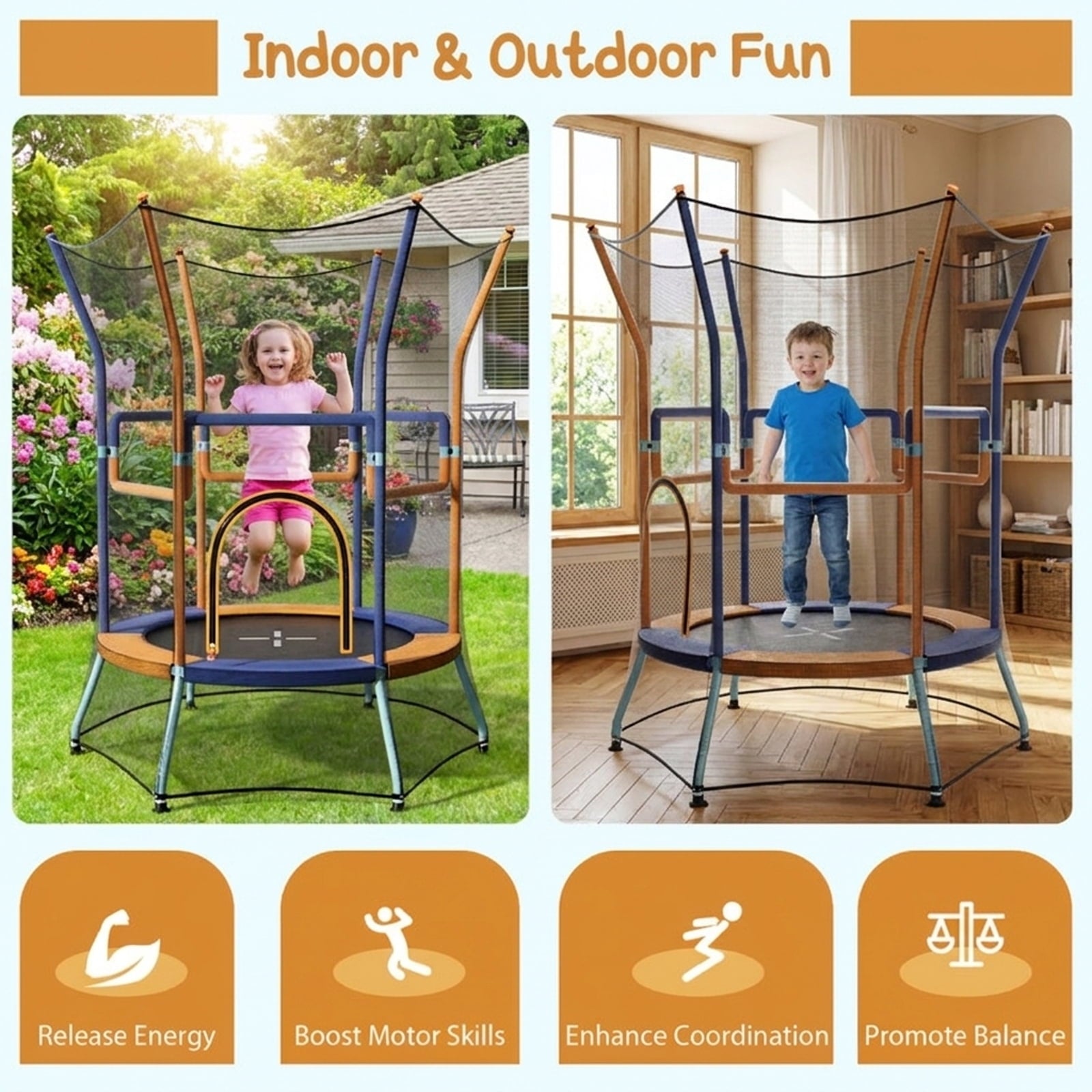 Redsmile Mini Trampoline for Kids with Safety Enclosure Net and Foam Handles, Orange