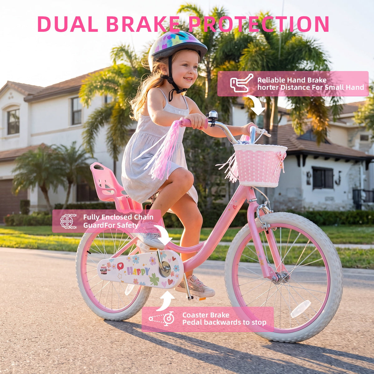 Redsmile 20 Inch Girls Bike for 6-13 Years Old Kids, Kids Bicycle with Basket and Doll Seat, Pink