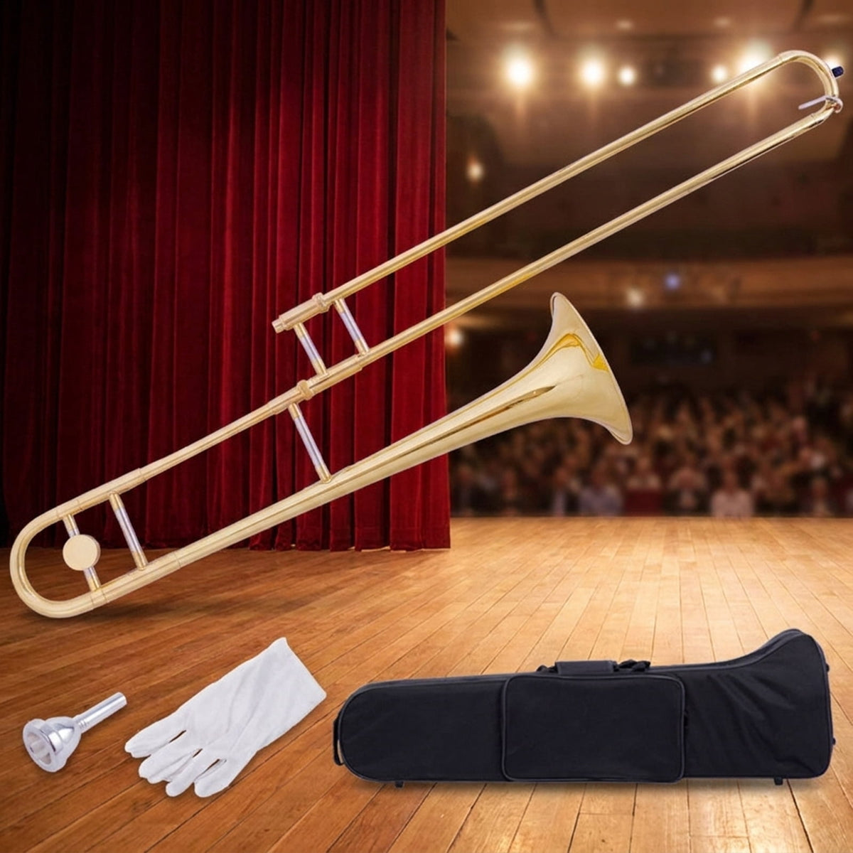 Redsmile B-Flat Tenor Trombone Beginner Set with Brass Body and Standard Mouthpiece and Padded Carrying Case for Students, Gold