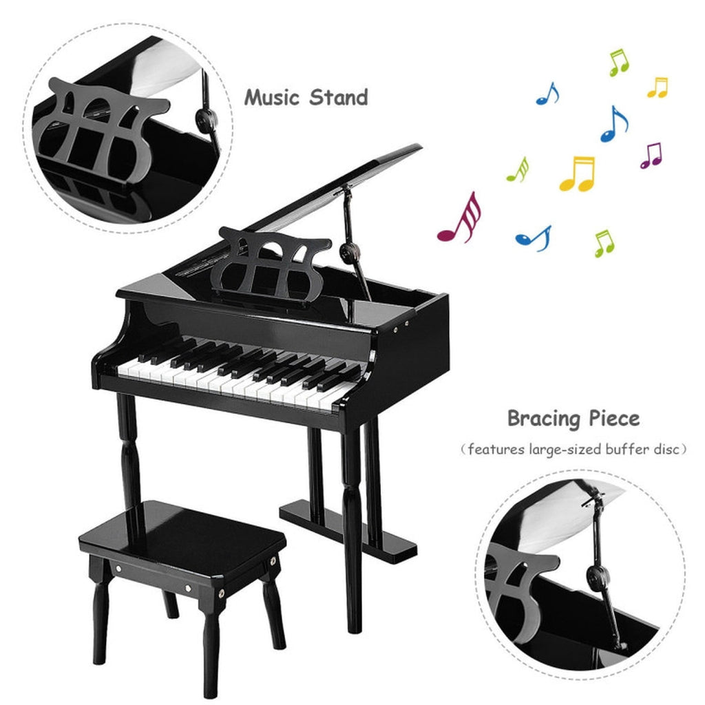 Redsmile 30-Key Kids Mini Grand Piano Toy Keyboard with Bench and Birch Wood Legs for Toddlers, Black