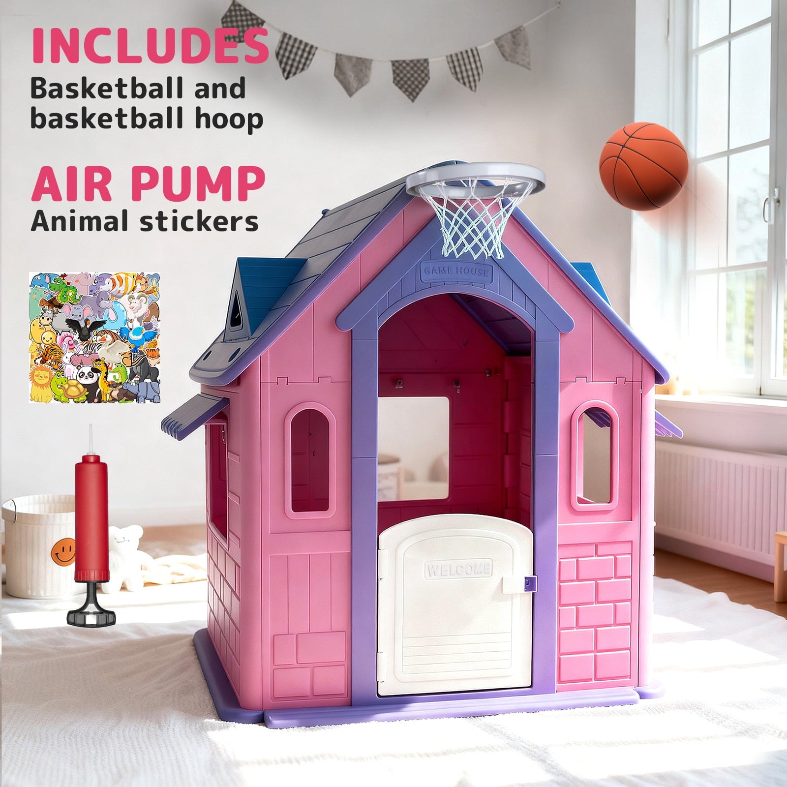 Redsmile Playhouse for Kids,Kids Playhouse with Basketball Ring Toss Play and DIY Stickers, Activity Center Game House for Indoor Outdoor,Gift for Girls Boys