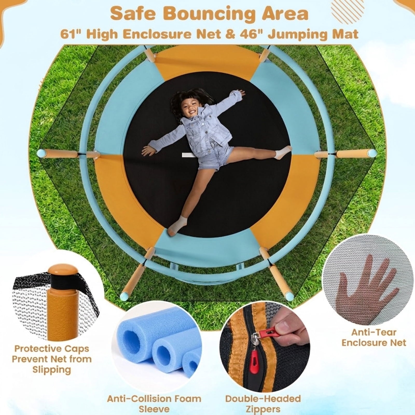 Redsmile 60 Inch Trampoline with Gymnastic Bar and Rings for Kids, Orange