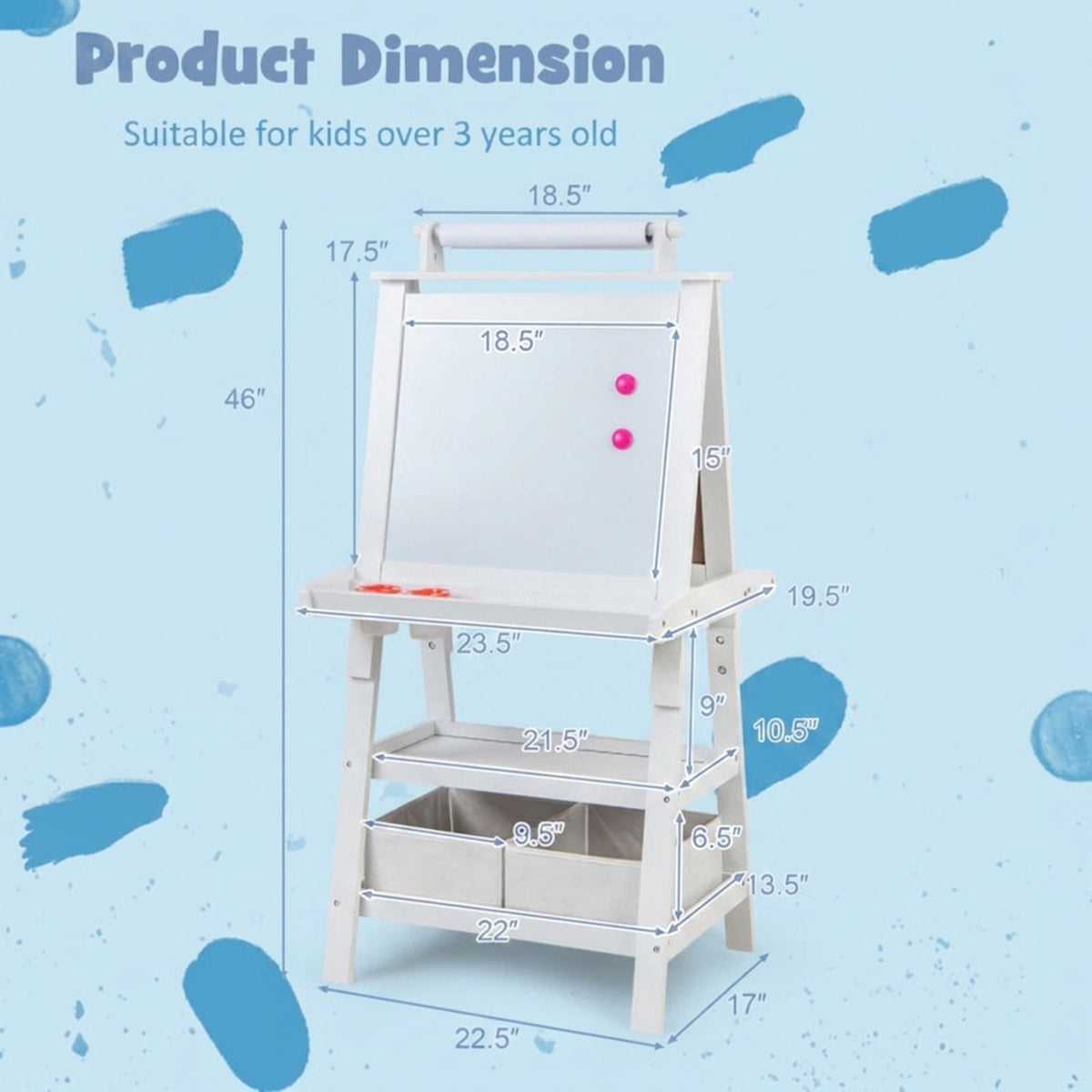 Redsmile 3-in-1 Kids Art Easel for Toddlers 3+ Years, Double-Sided Standing Easel with Whiteboard, Chalkboard and Paper Roll, Storage Shelves, Fabric Bins and Paint Cups, Christmas Gift, White