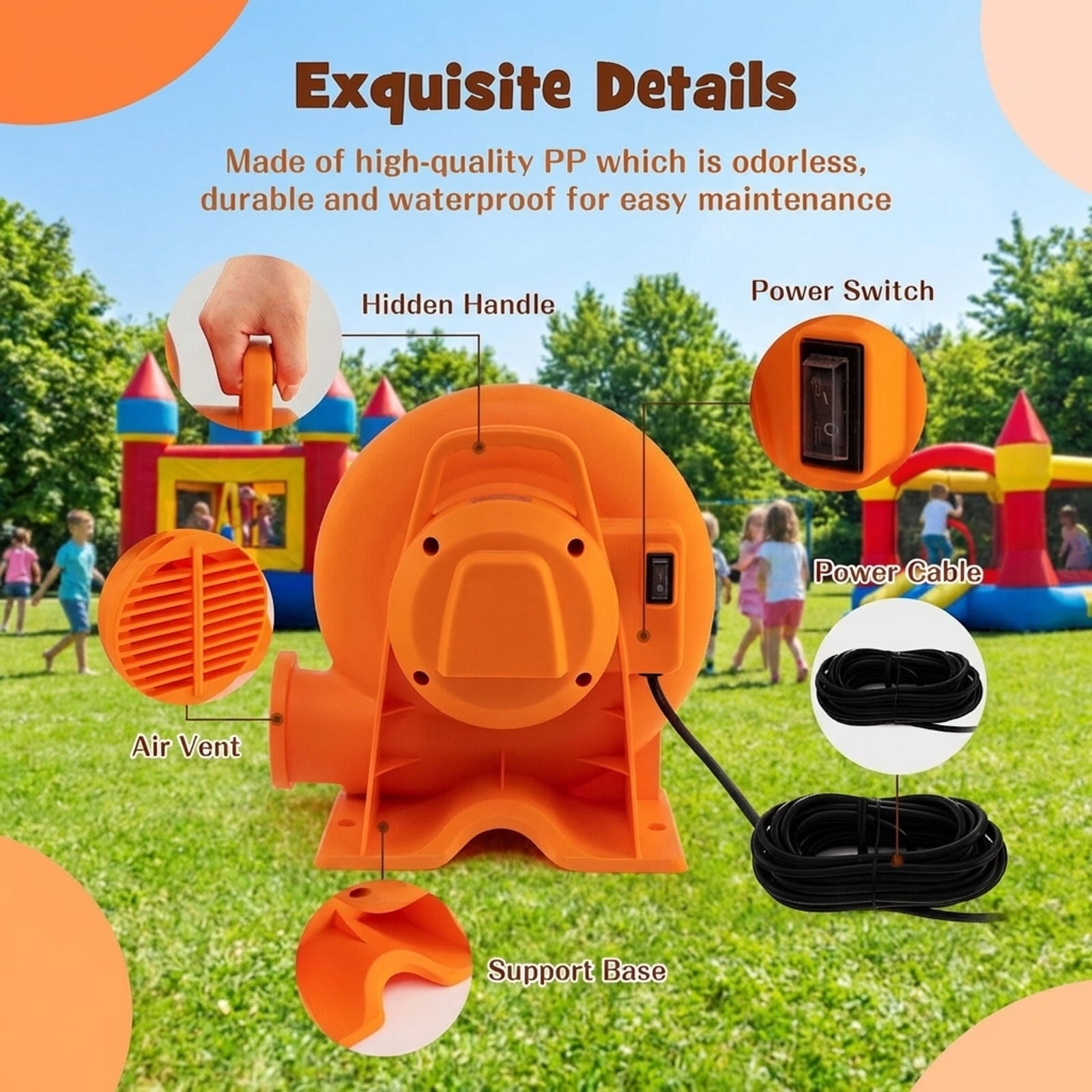 Redsmile 550W Air Blower (0.7HP) for Inflatables with 25 feet Wire and GFCI Plug - Powerful Inflation Fan for Bounce House Castle Water Slide