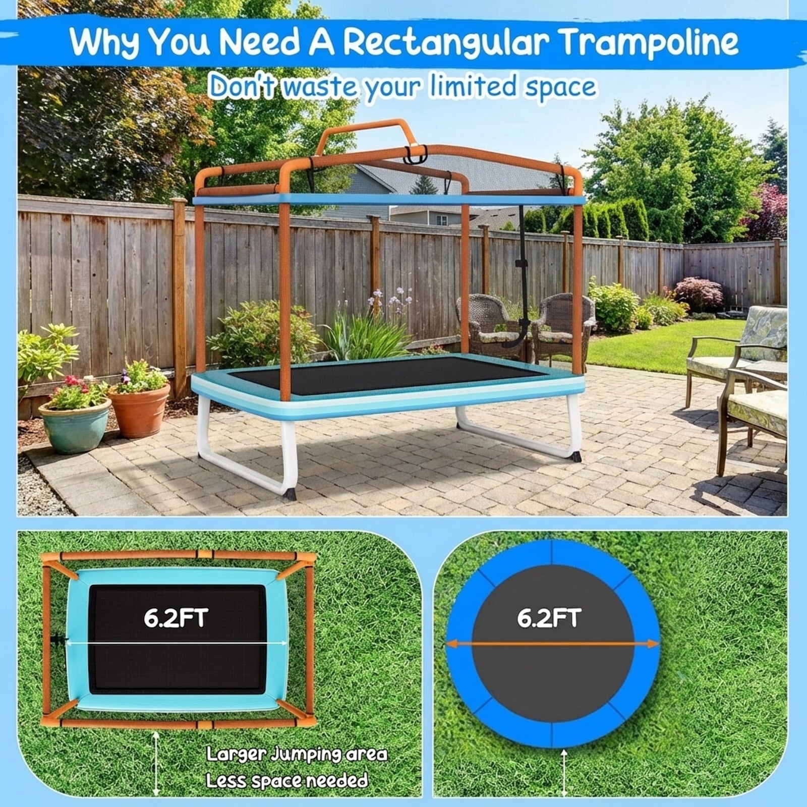 Redsmile 6 Feet Rectangle Trampoline with Swing Horizontal Bar and Safety Net-Orange - Premium PE Safety Enclosure for Kids Outdoor Play