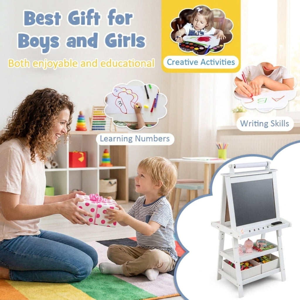 Redsmile 3-in-1 Kids Art Easel for Toddlers 3+ Years, Double-Sided Standing Easel with Whiteboard, Chalkboard and Paper Roll, Storage Shelves, Fabric Bins and Paint Cups, Christmas Gift, White