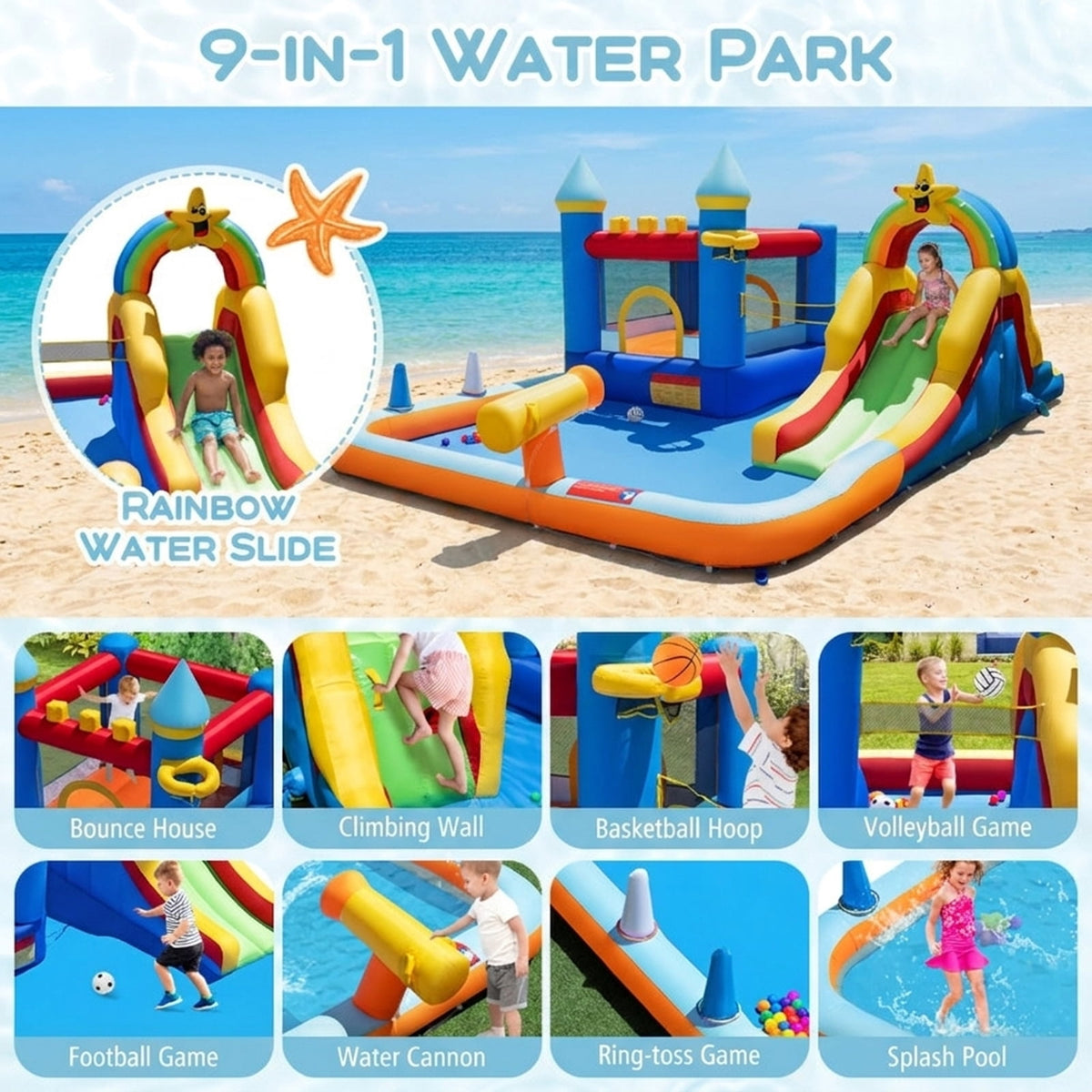 Redsmile Inflatable Water Slide Park Bouncy Castle with Climbing Wall, Backyard Water Slide with Splash Pool, Water Cannon and Basketball Rim for Kids Ages 3-12, with Blower