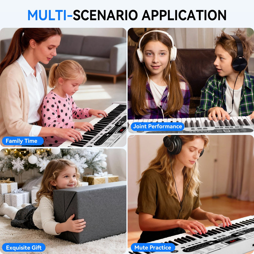 Redsmile 61-Key Piano Keyboard with Lighted Keys, Stand, Bench, Microphone, Headphone, Electronic Keyboard Piano Set, White