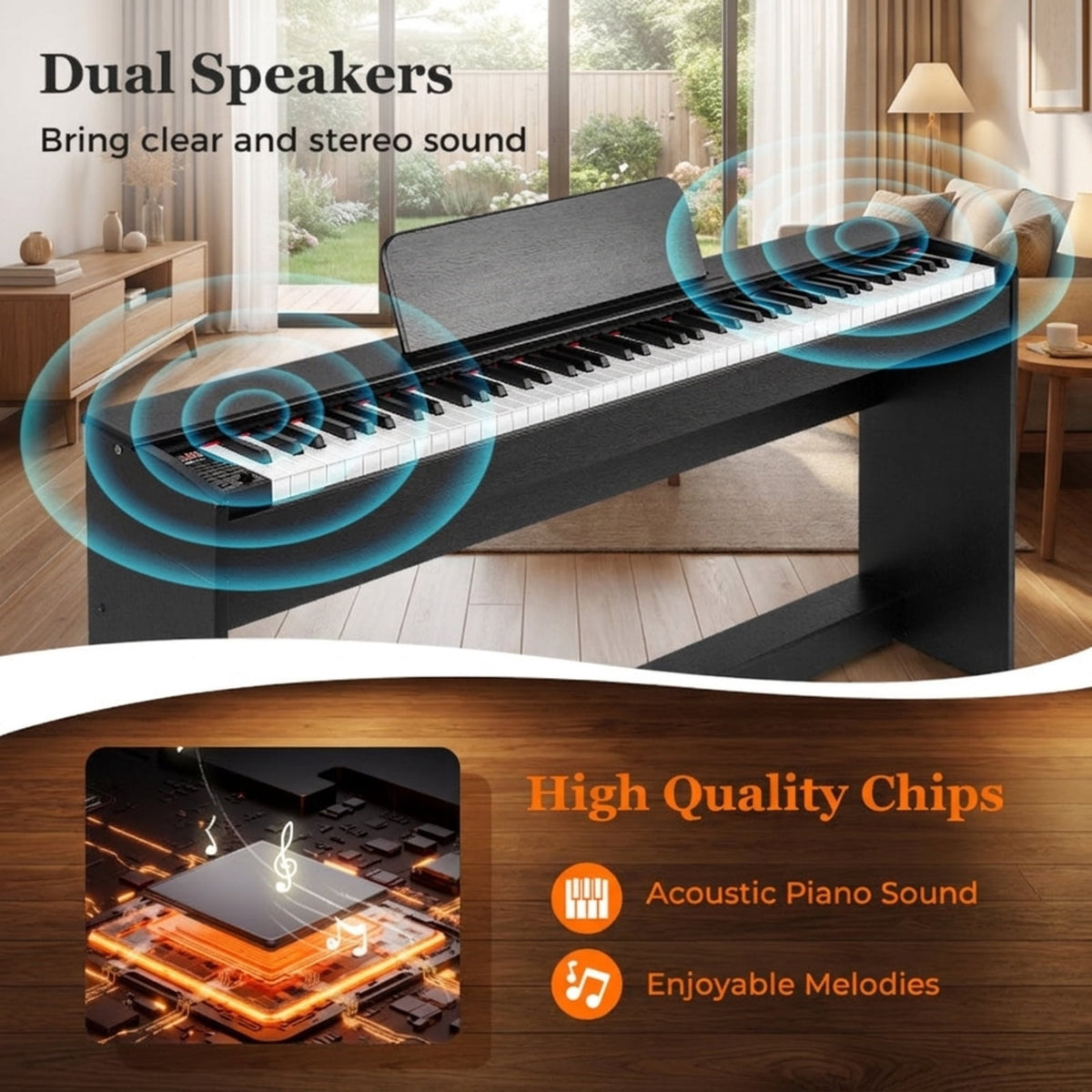 Redsmile 88 Key Hammer Action Weighted Digital Piano with Furniture Stand 128 Tones and Dual Keyboard Mode for Home Practice, Black