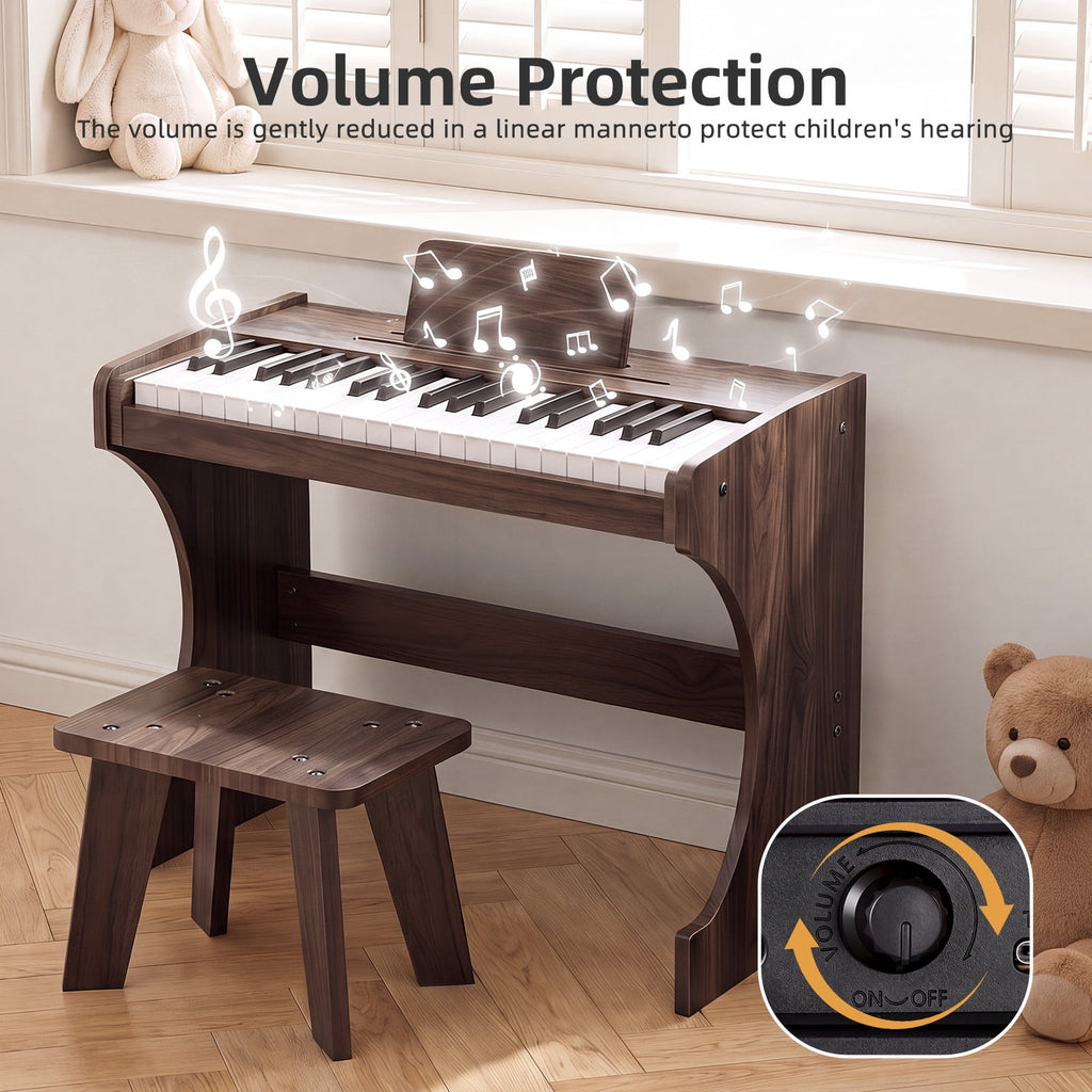 Redsmile 37-Key Kids Wooden Digital Piano with Bench, Music Book Stickers, Educational Keyboard Toy for Toddlers 3-8