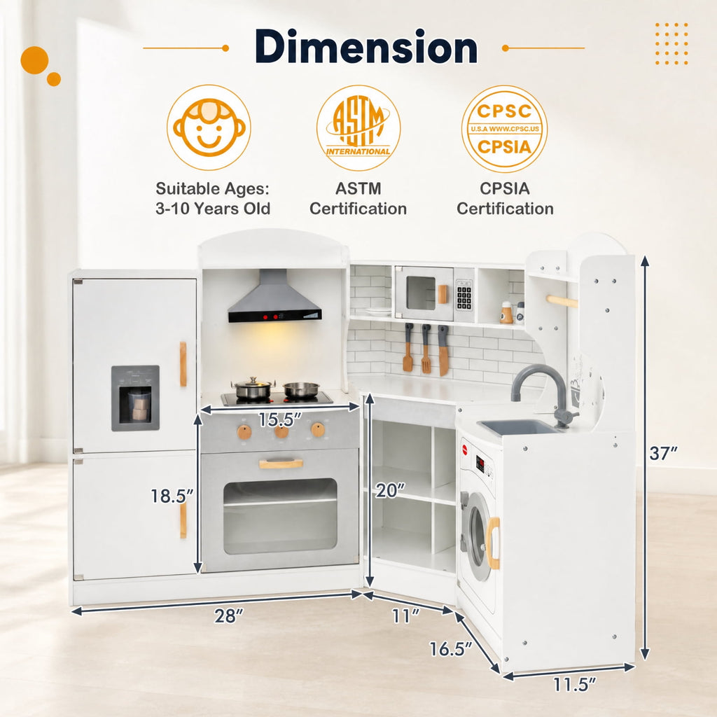 Redsmile Corner Kids Play Kitchen Set for Boys and Girls 3-10 Years, Pretend Play Kitchen with Washing Machine, Ice Maker, Sink, Hanging Hooks and Towel Rack, Fits 4 Kids, Gift, White