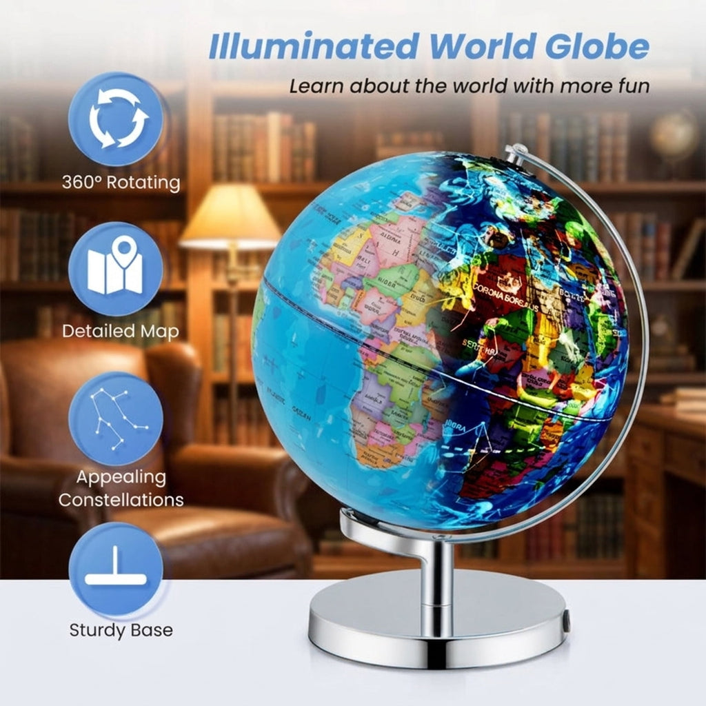 Redsmile 3-in-1 Illuminated World Globe for Kids, 9 Inch Educational Globe with Stand, 88 Constellations, Night Light and 190+ Countries, Learning Gift for Boys and Girls, Christmas Gift, Blue