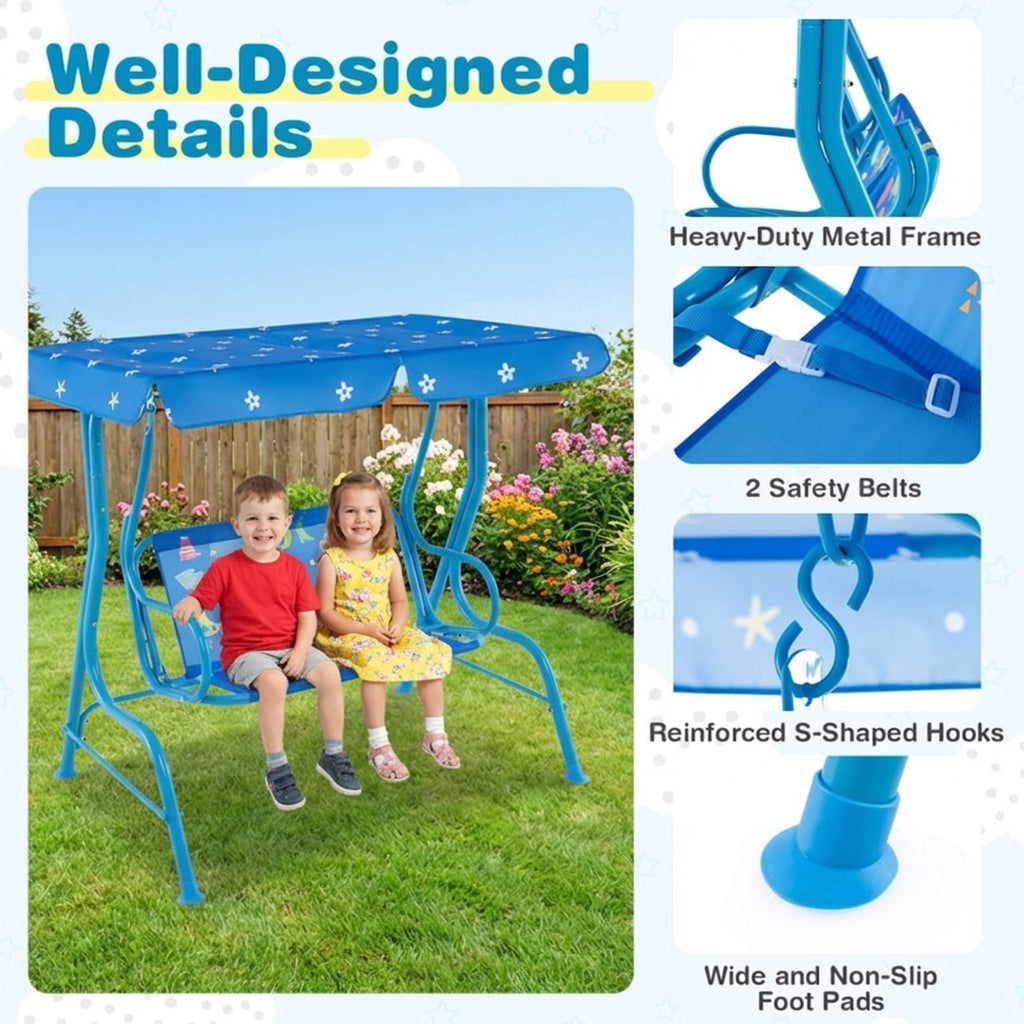 Redsmile 2-Seater Kids Patio Swing with Metal Stand and Adjustable Canopy - Blue - Backyard Play - Outdoor Fun