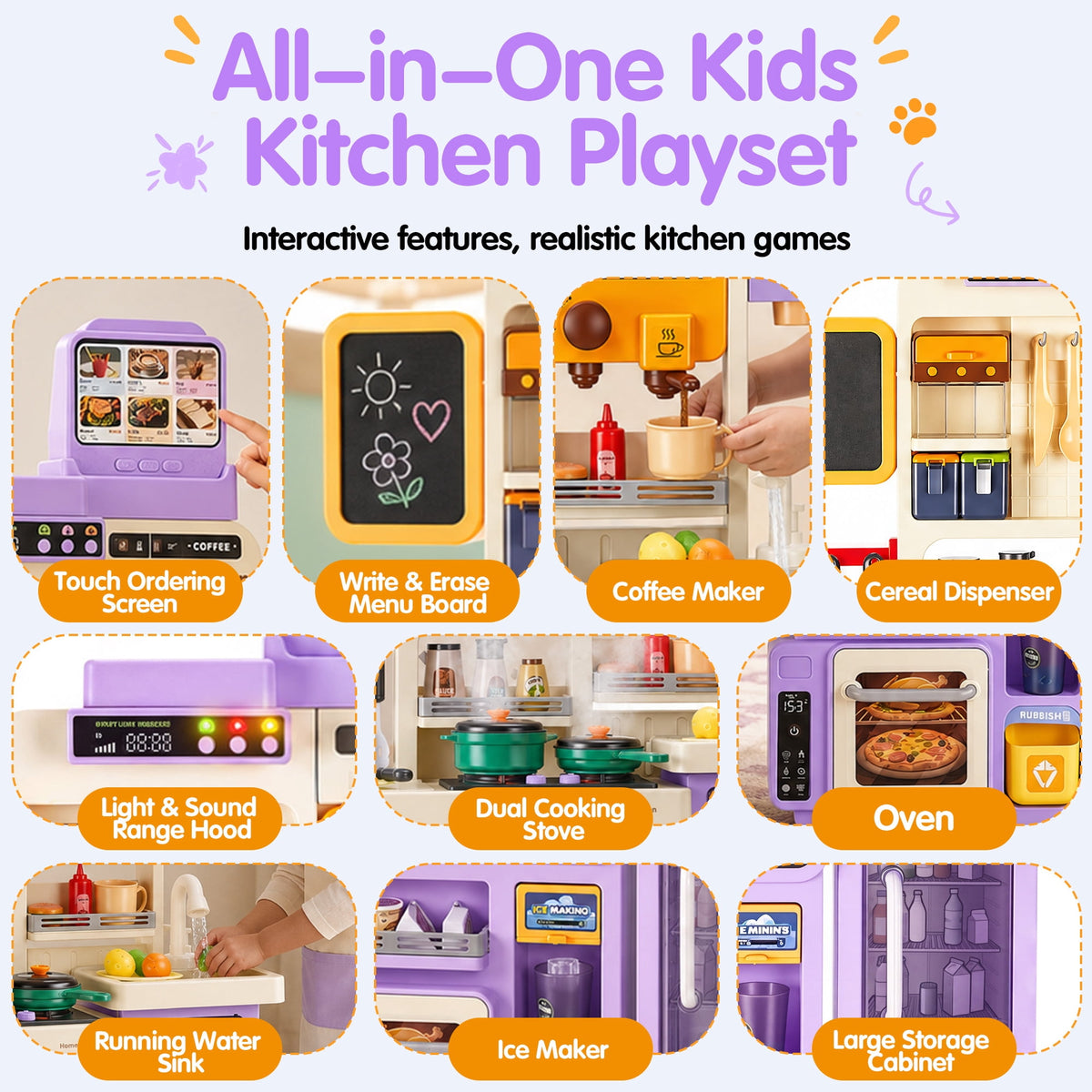 Redsmile Play Kitchen Set with Interactive Menu, Steam Stove, Ice Coffee Maker, Lights, Sounds Music, Apron Set and Food Cards,Pretend Play Toys Gifts for Kids,Purple