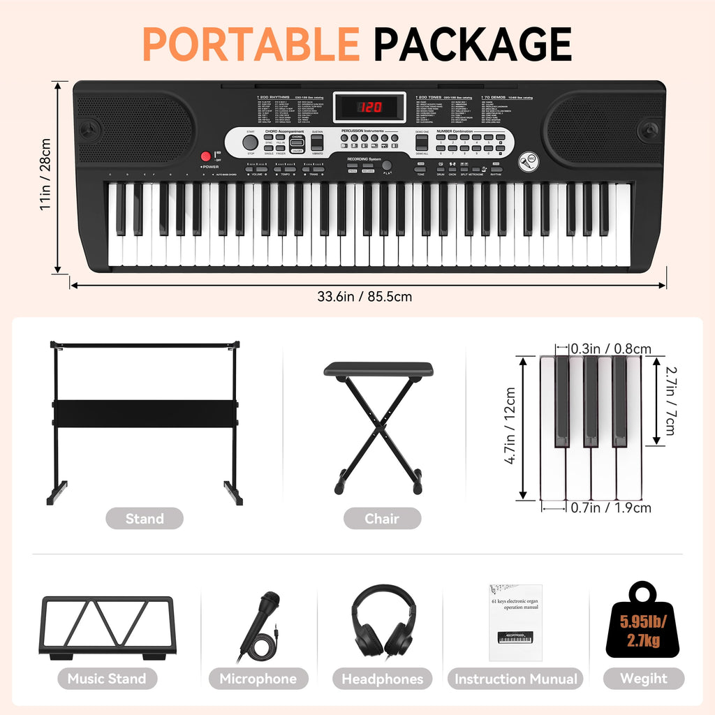 Redsmile 61 Key Piano Keyboard Kit with Music Sheet Stand, Stool, Headphones, Microphone, 200 Tones Rhythms