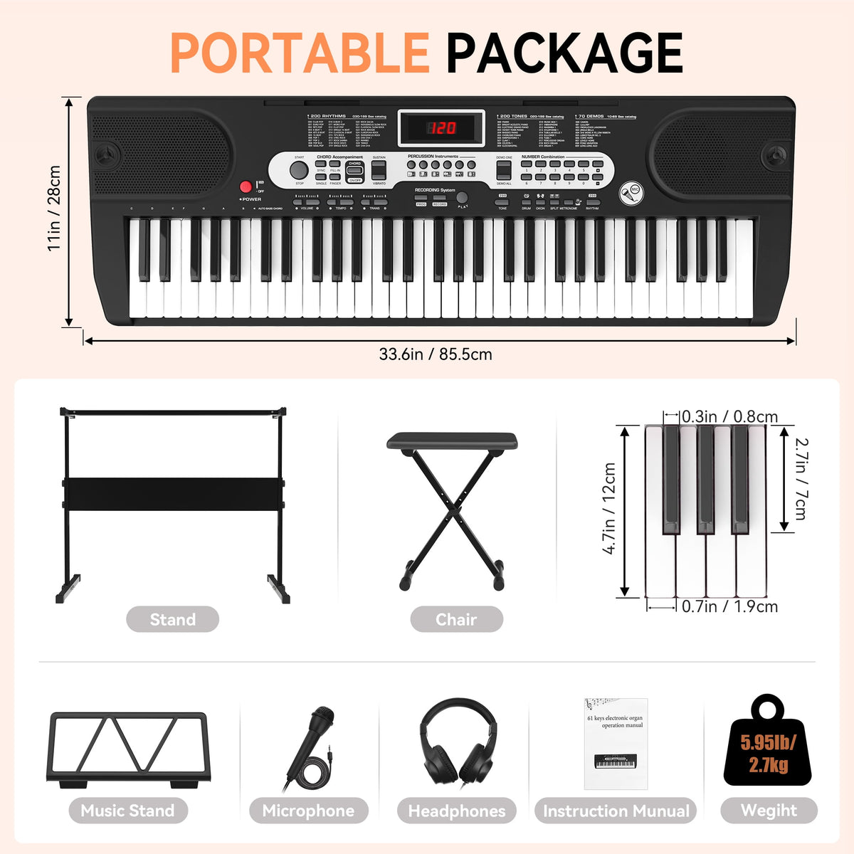 Redsmile 61 Key Piano Keyboard Kit with Music Sheet Stand, Stool, Headphones, Microphone, 200 Tones Rhythms
