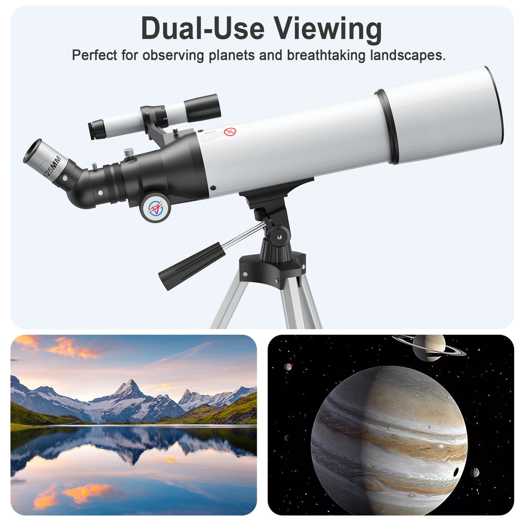 Redsmile Telescope for Adults Astronomy Beginners80mm Aperture 500mm Refractor Telescope with AZ Mount Tripod and 2 Eyepieces20x to 50x Magnification for Moon ViewingWhite