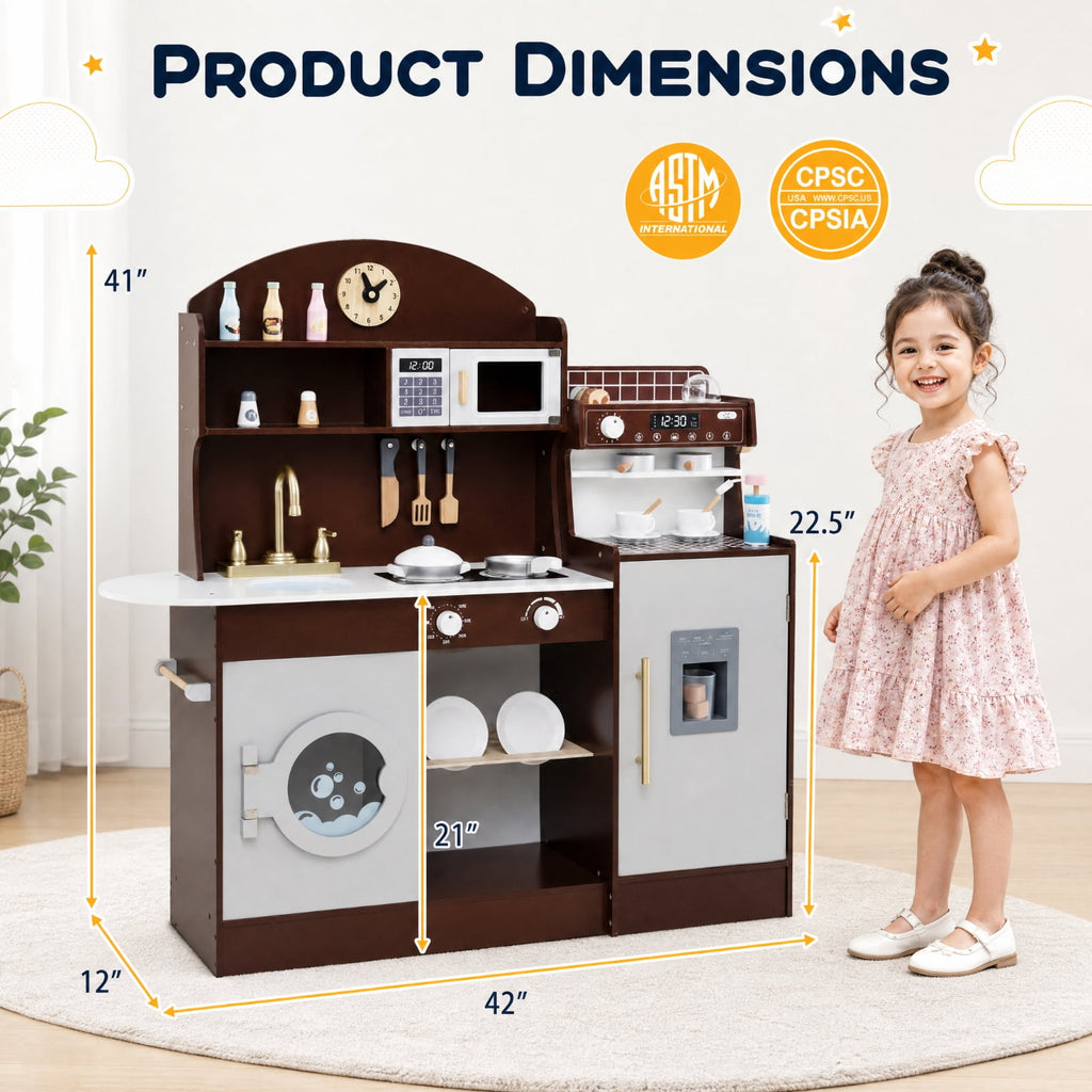 Redsmile Wooden Kids Kitchen Set for Toddlers 3+ Years, Pretend Play Kitchen with Coffee Maker, Ice Maker and 27 Accessories, Toddler Kitchen Playset with Ample Storage, Christmas Gift, Coffee